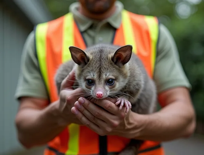 Animal handler safely recovering a deceased possum in Fingal