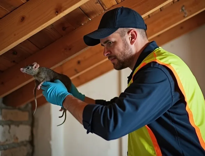 Technician inspecting a roof cavity for a dead rat in Fingal